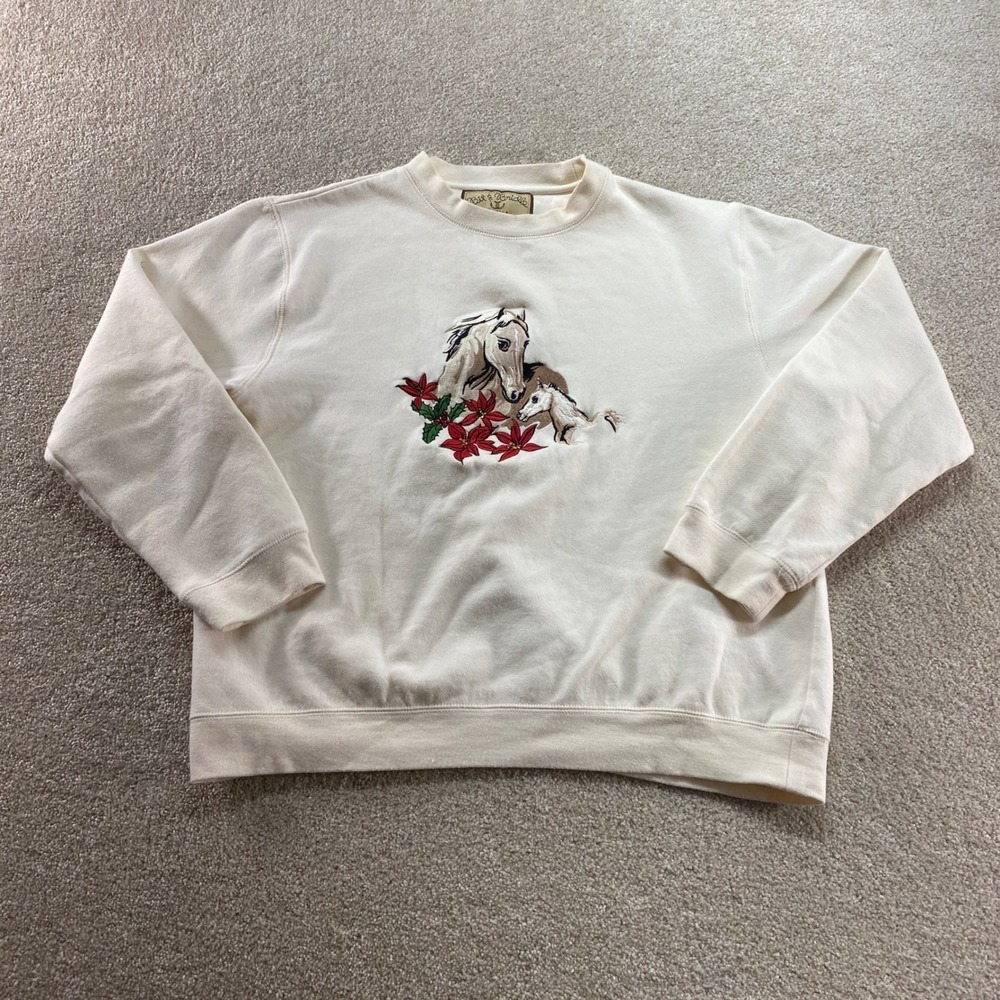Bit & Bridle Ladies‎ Cream Horse Foal Embroidered Crewneck Sweatshirt Size Large